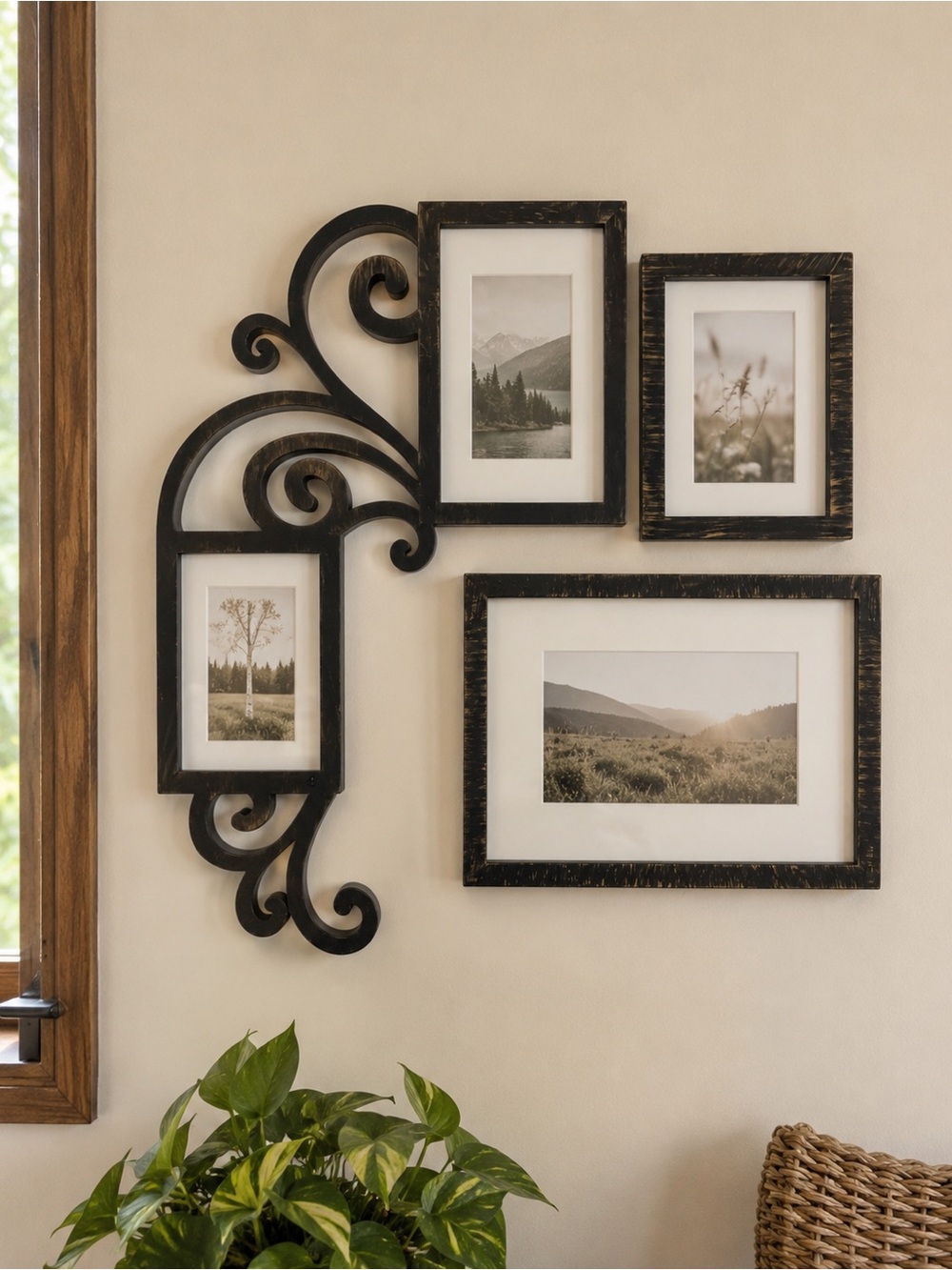 Tuscan Scrollwork 4 Photo Collage Frame Black Gold Old World Wall Decor Gallery